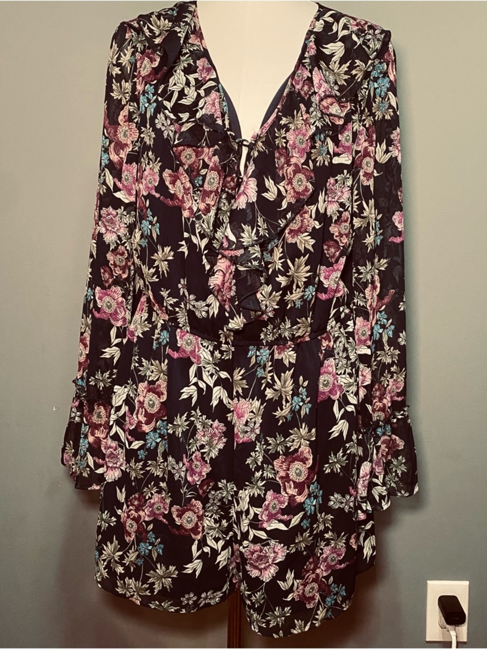Xhilaration Women’s Navy Satin-Look Romper with Floral Trim